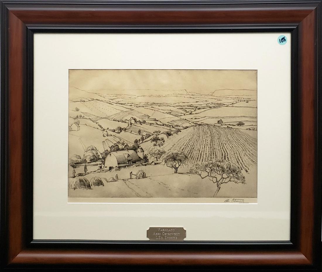 Ostrowsky, Abbo - etching, good condition, 9.5x14.5: This original etching by Abbo Ostrowsky is of a view of a Pennsylvania farm, c.1936 and measures 9.75" x 14.5" and is pencil signed in the lower right and is in good condition. Abbo Ostrowsky (b. 1889