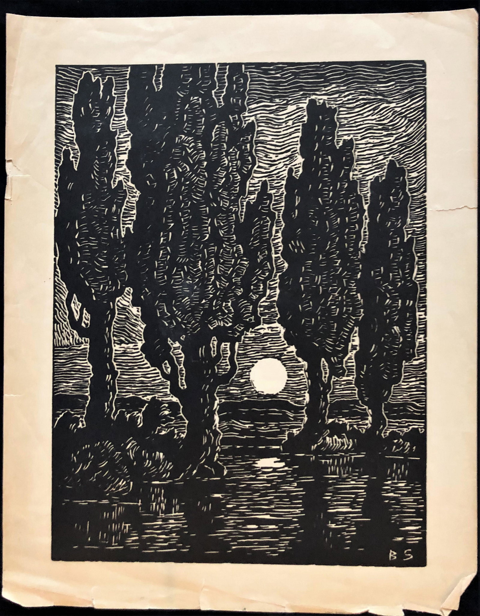 Sandzen, Birger, lino-cut, 12x9, fair, over all toning: "Poplars at Moonrise" , unsigned