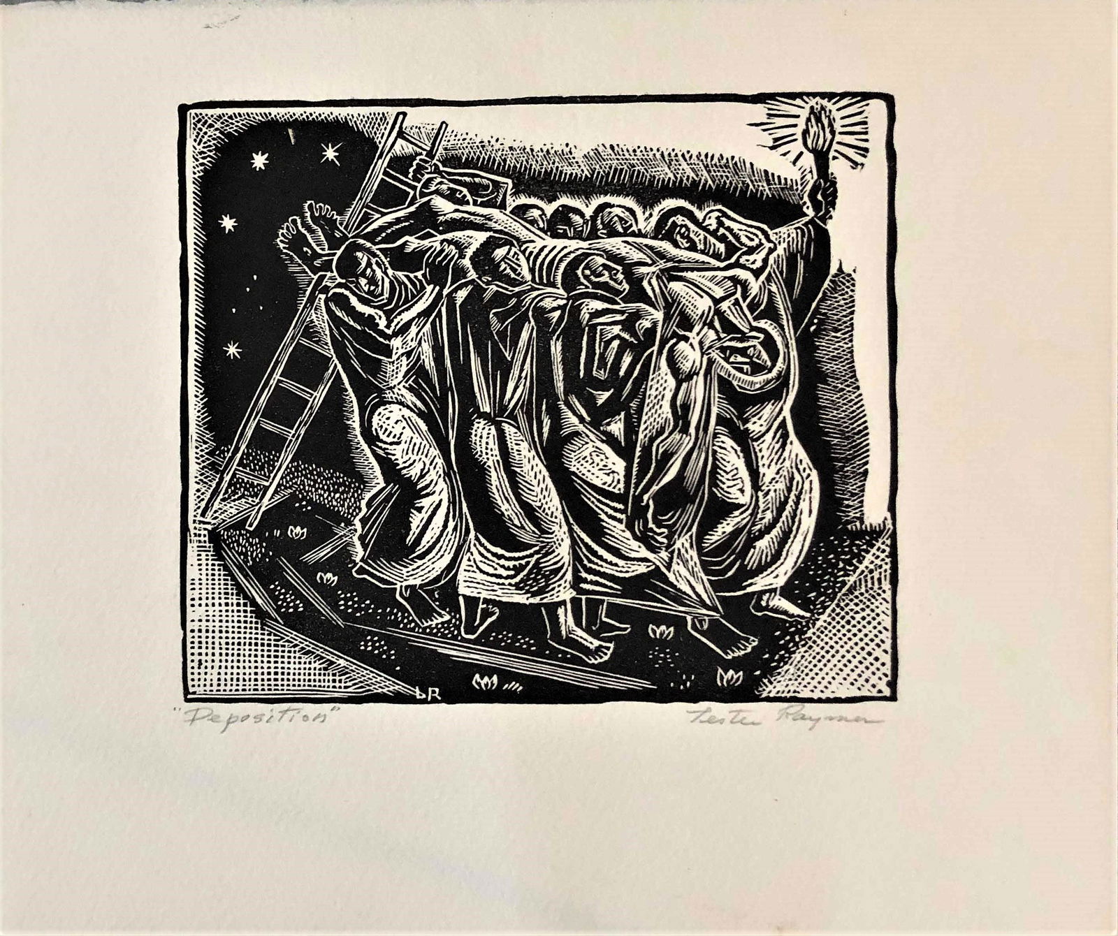 Raymer, Lester, lino-cut, 5.5x6.25, good: "Deposition", signed "Lester Raymer" lower right