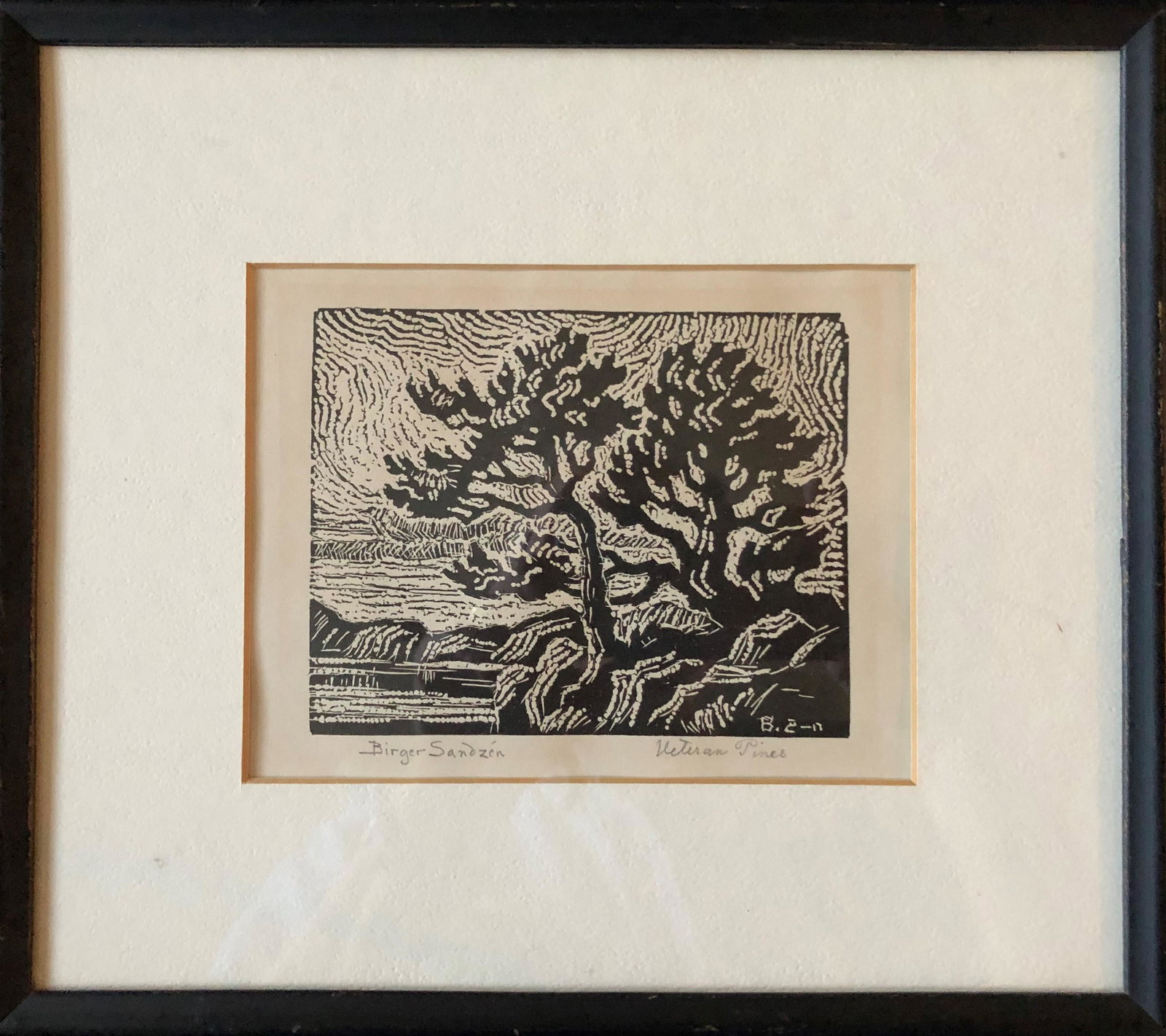 Sandzen, Birger, woodcut, 4x5, good, some toning: "Veteran PInes", pencil signed " Birger Sandzen" lower left