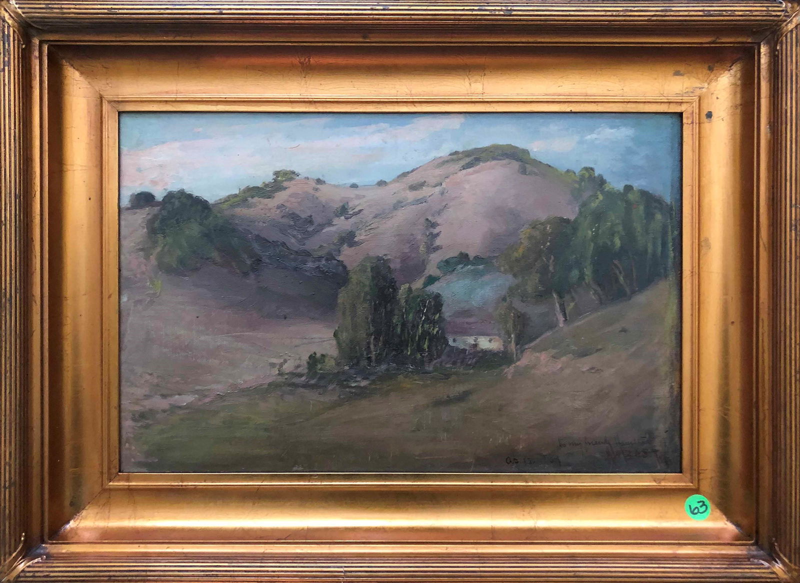 Best, A.W., oil on canvas, 10.75x16.75, good: valley with barn, pencil signed "Harriet W. Kritner"