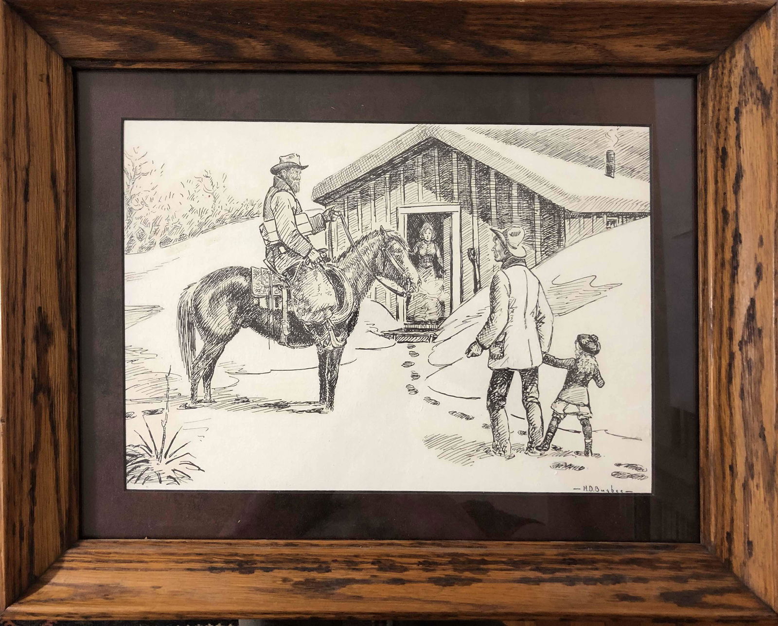 Bugbee, Harold D, ink drawing, 9x13, good: snow scene with family, signed "H.D.Bugbee" lower right