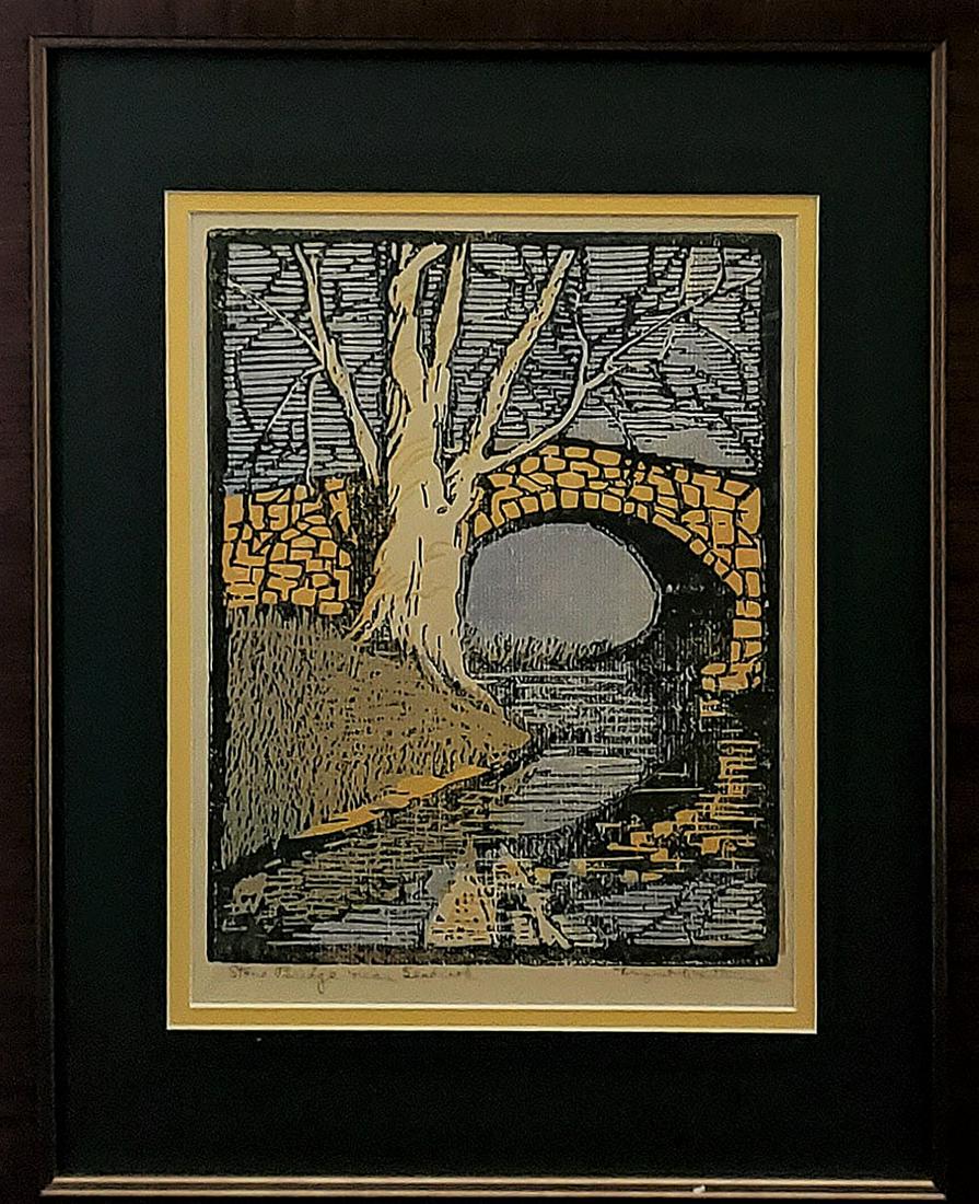 Whittemore, Margaret - color block print, good: This original color woodcut print by (signed) Margaret Whittemore (1897-1983) titled "Stone Bridge Near Seabrook" measures 9" x 7" and is in good condition. It's pencil signed in the lower right and t