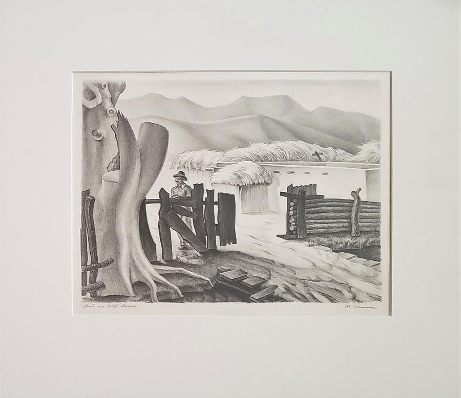 Marvin, Al - lithograph, good with some toning, acid: "Just an Old Fence" by artist Al Marvin, matted but unframed, signed "Al Marvin" lower right. Al Marvin studied with Thomas Hart Benton.