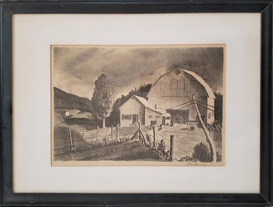 Barnes, Joe - lithograph, good, overall toning, 8.75x13: This original lithograph of a barn by Joe Barnes is in good condition. It measures 15.75x20.75x.7, was created in 1951, measures 8.75x13 and is signed "Joe Barnes '51."