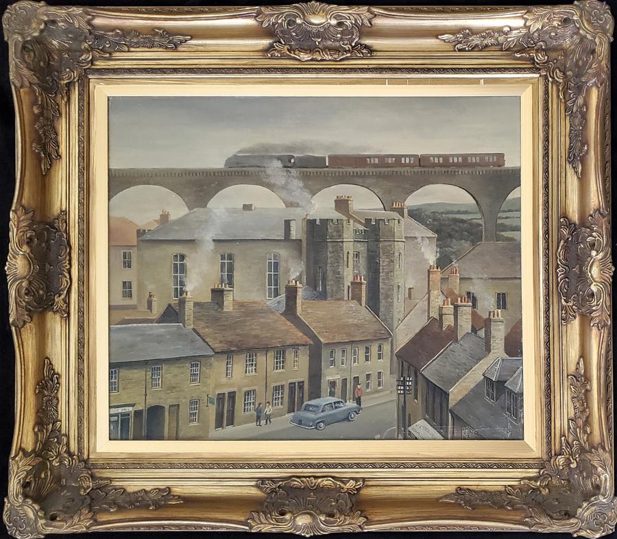 Anderson, S.G. - oil on canvas, fair, lower right has: This original oil (1963) on canvas of a city scape and elevated railway measures 20x24, is in fair condition with damage to the canvas in the lower right. It is signed "S. G. Anderson" in lower right 