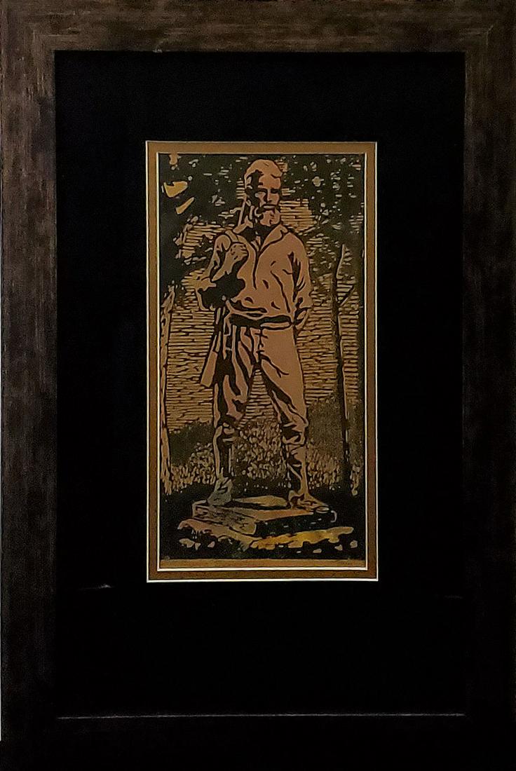 Whittemore, Margaret - color block print, poor: "John Brown, Osawatomie" is an original color wood block print by (and siged by) Margaret Whittemore (1897-1983) and was part of a series of prints depicting Kansas landmarks for the Works Progress Ad