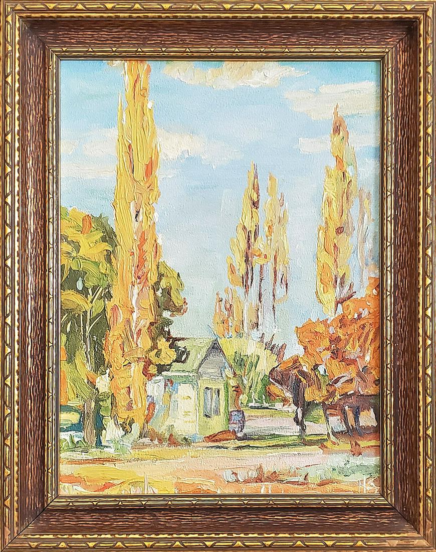 Swensson, Hannah - oil on board, good condition, 12x9.: House w/poplar trees, oil on board, is signed "HS" lower right and in good condition, measuring 12x9. Hannah Swensson (1866-1945) was a painter, teacher, printmaker and attended Bethany College, Linds