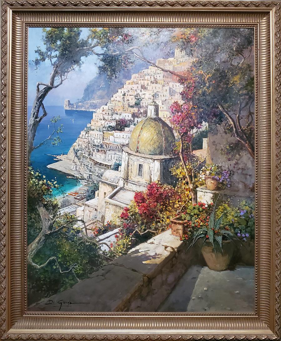 Di Guida, Gianni - oil on canvas, good condition, 59x47: "Veduta di Positano" (view in Positano, Italy), is an oil on canvas, signed "Di Guida" in lower left, titled and signed on back "Gianni Di Guida," "Veduta di Positano." Image size: 59x47; total dimens