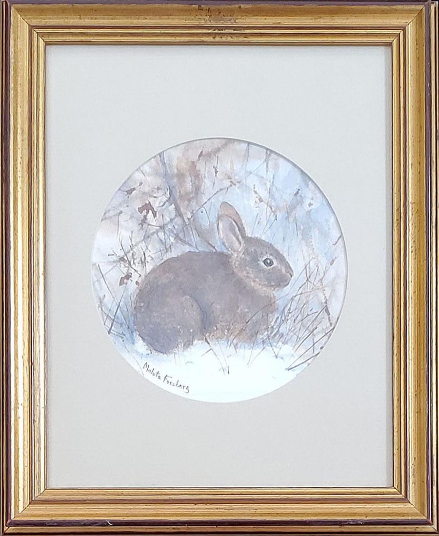 Forsberg, Maleta - watercolor, good condition, 5.5x5.5.: "Little Cottontail" is a watercolor in good condition signed by Maleta Forsberg and measures 5.5x5.5. Forsberg is a painter and a printmaker who attended the Kansas City Art Institute night school whi