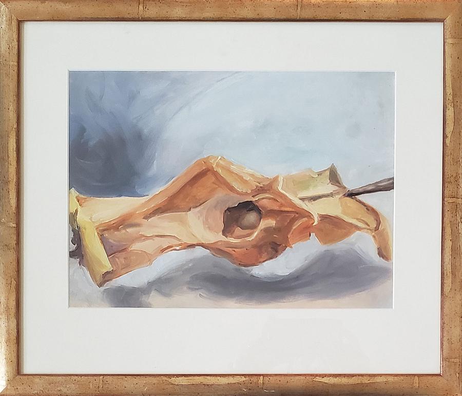 Thibodeau,Nicole - oil, good condition, 9x12.5: "Apple Love" is an oil, unsigned, consigned by the artist in good condition measuring 9x12.5. Nicole Thibodeau was a Lindsborg artist who attended Bethany College, Lindsborg and is now living in Hays,