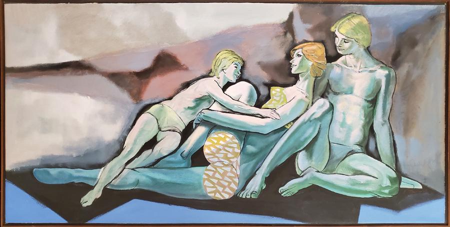 Tomasch, Elmer - oil on canvas, good condition, 31x61: "At the Beach," an oil on canvas, is signed "E Tomasch" lower right and measures 31x61. Elmer Tomasch (1914-1977) was a painter, sculptor and graduate of the Cleveland School of Art and Western Reserv