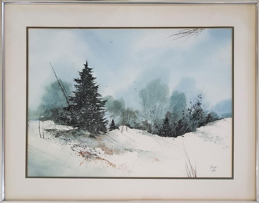 Tate, Kandy - watercolor, good condition, 18.75x25.75.: Original watercolor of a snowy landscape by New Mexico artist, Kandy Tate and is in good condition. It measures 18.75x25.75 and is signed "Kandy Tate" in the lower right. Tate is from Wichita KS, grad