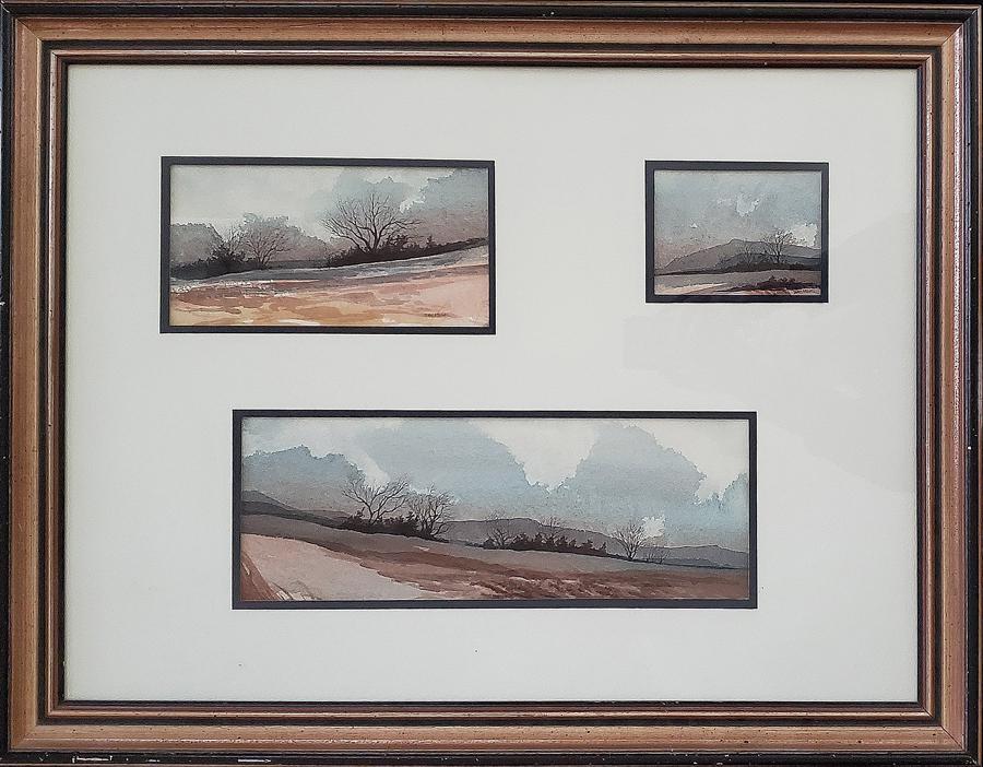Maxwell, Terry - watercolor, good condition, 12x18.: This original set of 3 watercolors matted in a single frame by Terry Maxwell is in good condition, signed "Terry Maxwell" in lower right of each painting. From upper left (clockwise) the images measur