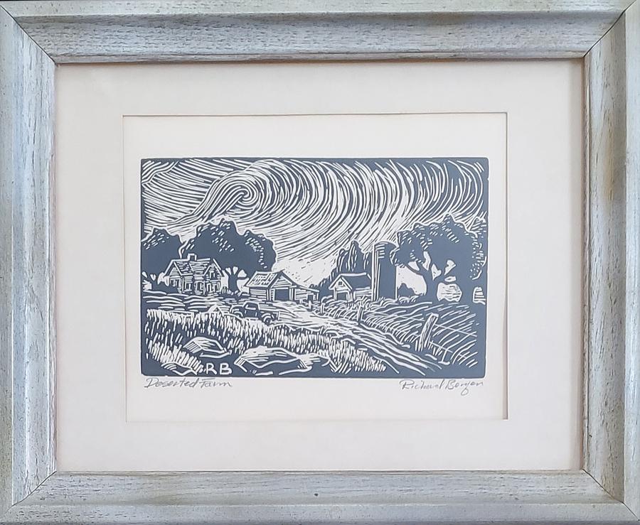 Bergen, Richard - linoleum-cut, good, over all toning,: Original linoleum-cut by Kansas artist Richard Bergen titled "Deserted Farm," is in good condition with some overall toning. The image size is 6.5 X 8.75 inches and is pencil signed "Richard Bergen" t