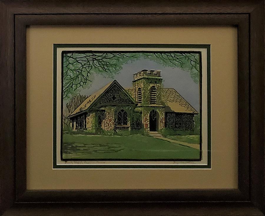 Whittemore, Margaret - color block print, good: "Trinity Chapel-Lawrence, Kansas" is an original color wood block print by Margaret Whittemore (1897-1983) and was part of a series of prints depicting Kansas landmarks for the Works Progress Administ