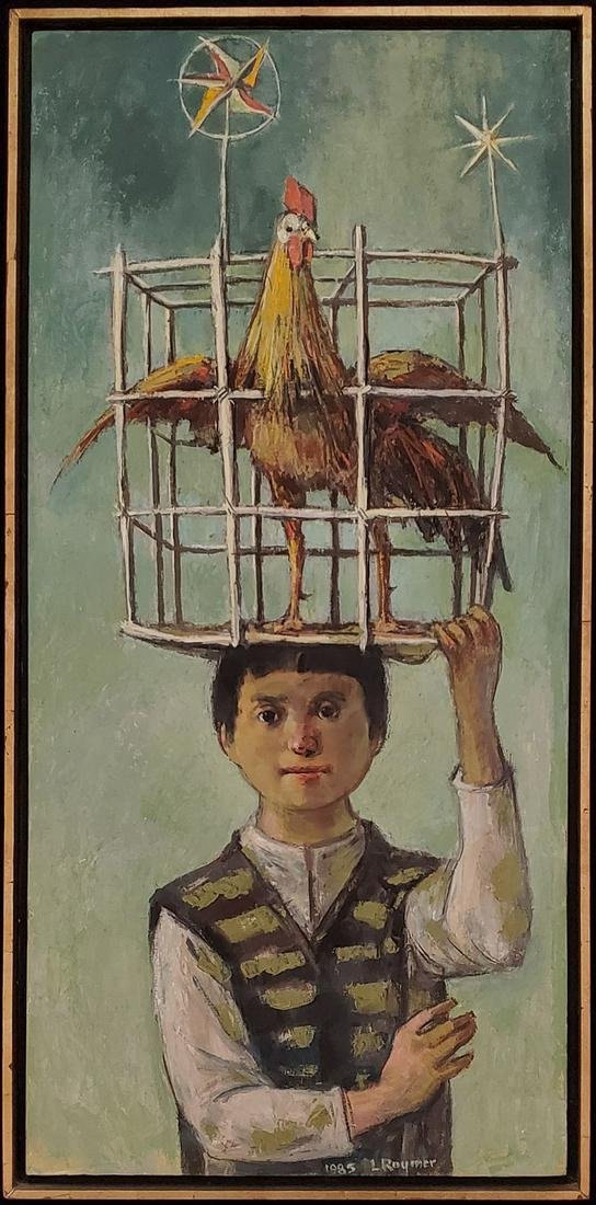 Raymer,Lester - oil on board, good condition, 30.75x15.: Boy w/caged rooster, oil on board, signed "1985 Lester Raymer" is in good condition, measuring 30.75x15.125. Lester Raymer, born in Alva OK Sept 24, 1907, died in Lindsborg June 1, 1991. Painter, spec