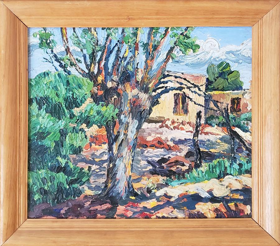 Greer,Milford - oil on board, good condition, 14x16.: New Mexico landscape, oil on board, by Milford Greer (1926-1972) c. 1947 and signed on back with his address as 212 S. Main, Lindsborg, the home of his good friend and mentor Lester Raymer. The painti