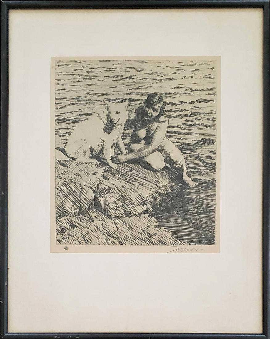 Zorn, Anders - etching, fair condition with some: Original etching by Swedish artist, Anders Zorn (1860-1920) of a nude with dog. The image measures 7.75x6.75 and is in good condition with some overall toning. The etching is laid on top of the mat an
