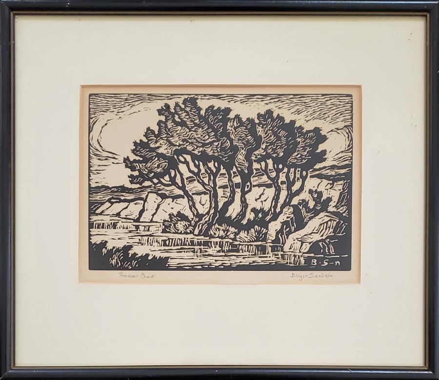 Sandzen, Birger - lino-cut, good condition with some: "Kansas Creek" is a lino-cut, pencil signed "Birger Sandzen" in lower right, in good condition with some over all toning, measuring 5.875x8.75. Birger SandzÃ©n was born in Blidsberg, Sweden in 1871.