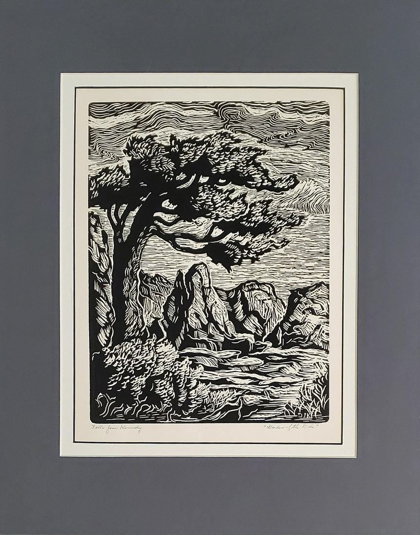 Kennedy, Della Jean - lino-cut, fair condition,: "Garden of the Gods" is a lino-cut, matted but unframed, by Della Jean Kennedy, born in Ohio, ca. 1887. She was a painter, and printmaker who studied at Bethany College, Lindsborg from 1933-38 as a pu