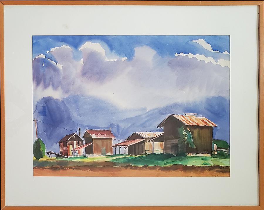 Unknown - watercolor, good condition with some debris: "Tobacco Sheds" is a watercolor, the signature is unreadable, in good condition with some debris under the glass and measures 20.75x29.25.