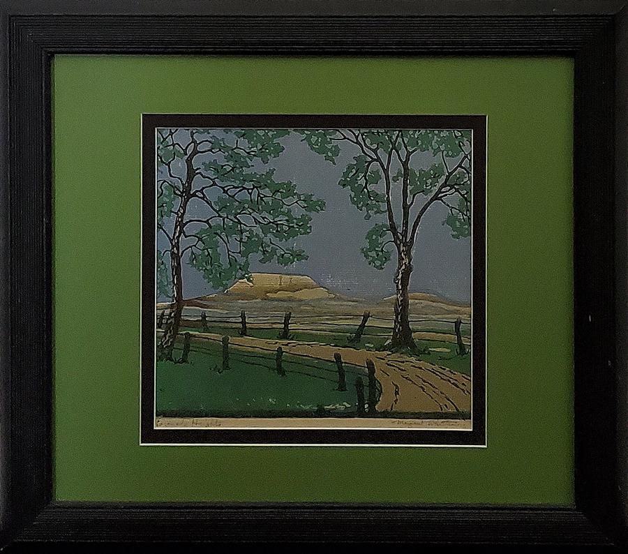 Whittemore, Margaret - color block print, good: Signed "Margaret Whittemore" in pencil lower right, titled 'Coronado Heights near Lindsborg' lower left. From the 49 images of Historic Landmarks of Kansas created by Margaret Evelyn Whittemore for th