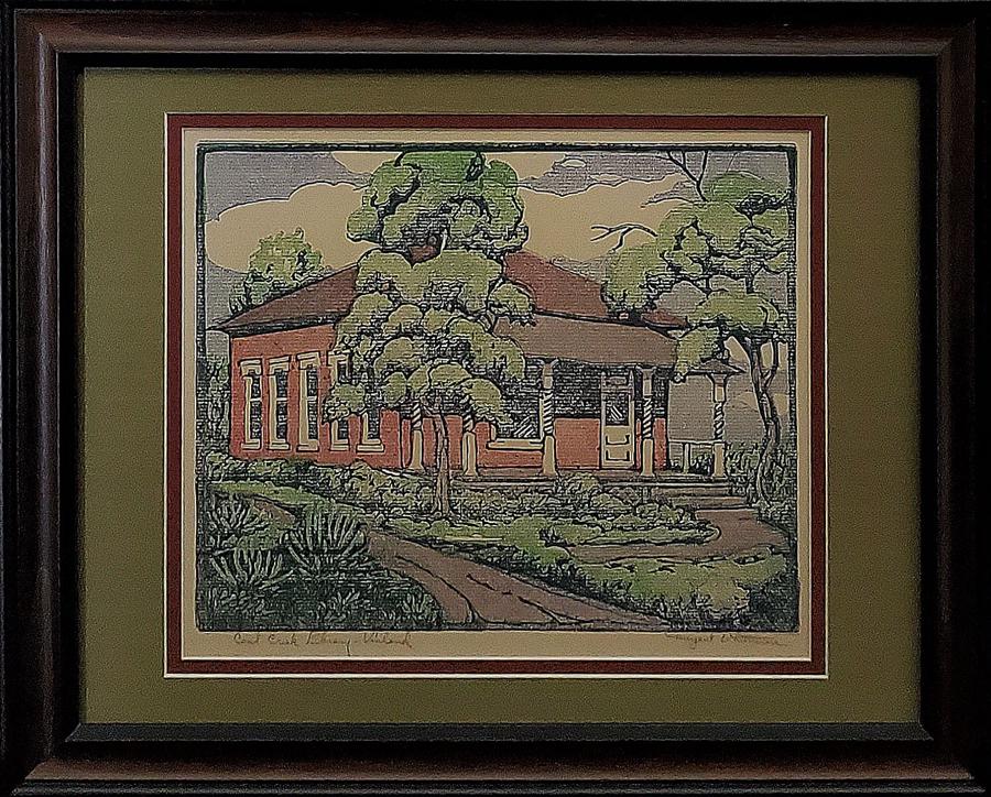 Whittemore, Margaret - color woodcut print, good: This original color woodcut print by Margaret Whittemore (1897-1983) titled "Coal Creek Library-Vinland" measures 8" x 9.75" and is in good condition. It's pencil signed in the lower right and titled