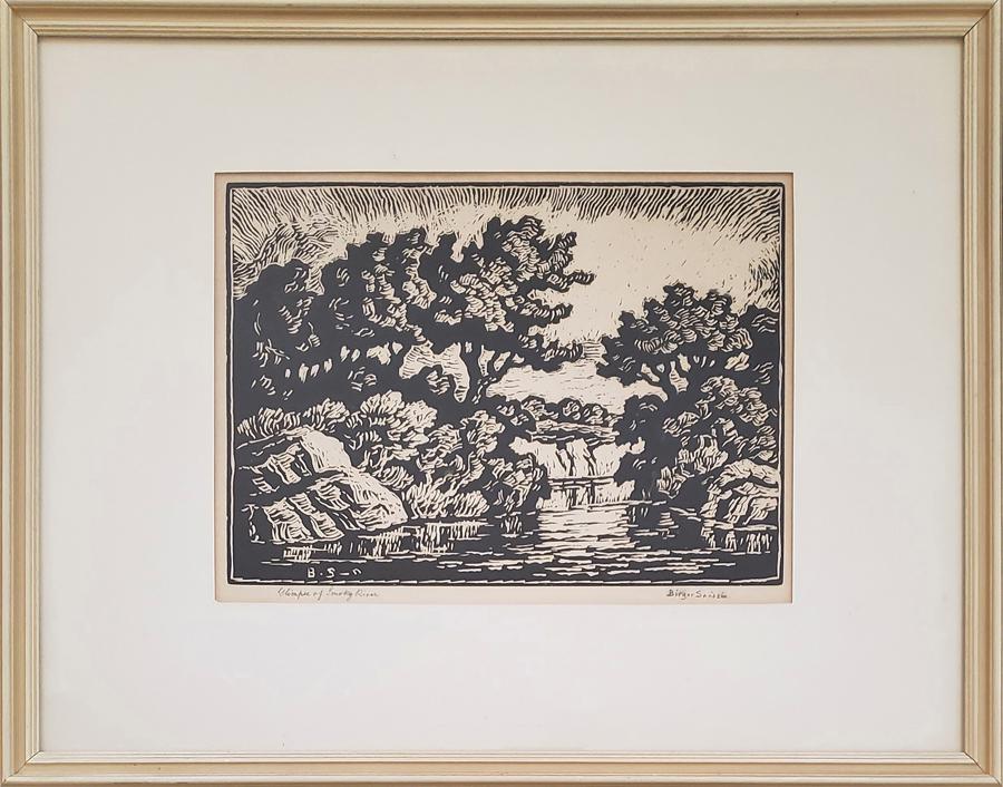 Sandzen, Birger - lino-cut, good condition with some: "Glimpse of Smoky River" is a lino-cut, pencil signed "Birger Sandzen" in lower right, in good condition with some over all toning, measuring 8.5x12 .Birger SandzÃ©n was born in Blidsberg, Sweden in