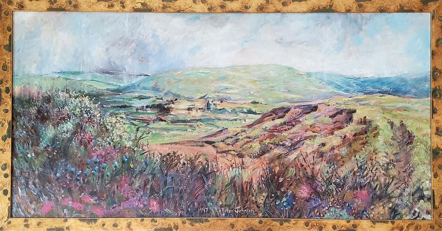 Johnson, Peter - Oil on board, good condition, 24x48.: Oil on board landscape painting of the Flint Hills by Lawrence, KS artist Peter Johnson measures 24x48, is in good condition and signed "Peter Johnson' in the lower center and dated 1997.
