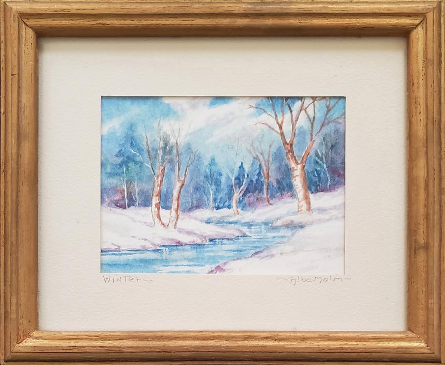 Malm, Alba - watercolor, good condition, 4.5x6: This winter watercolor is by Alba Malm, in good condition, measuring 4.5x6. Alba Malm was born in 1897 in Lindsborg.and died 1986. Alba Malm, painter and craftswoman, received a BA from Bethany Colleg
