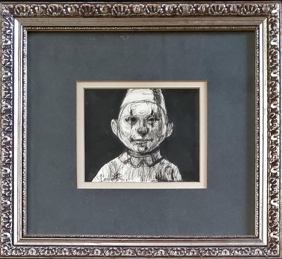 Raymer, Lester - pen and ink, good condition,: Clown, pen and ink, signed " '81 L.R." in lower left, is in good condition, measuring 3.75x4.75. Lester Raymer, born in Alva OK Sept 24, 1907, died in Lindsborg June 1, 1991. Painter, spec. religious 
