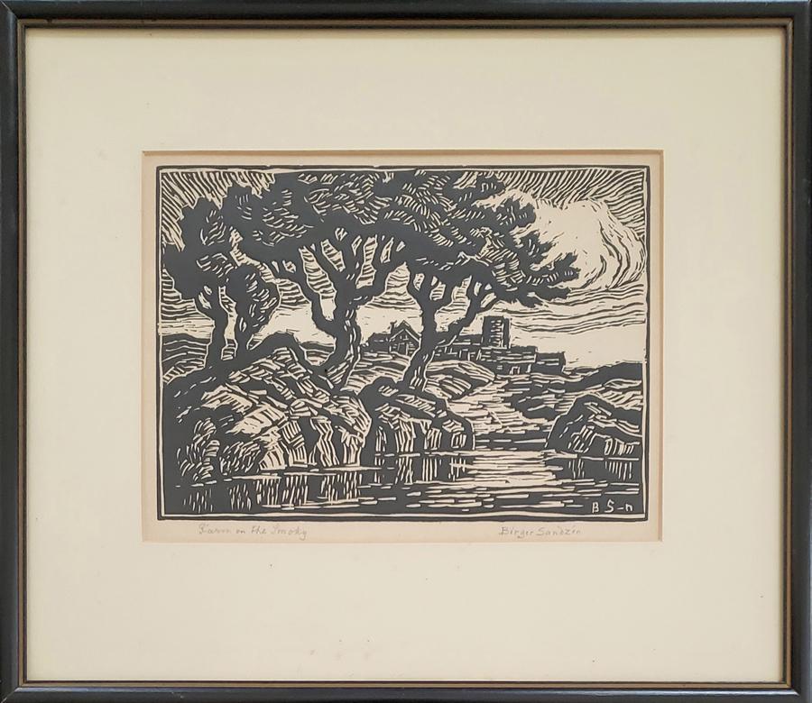 Sandzen, Birger - lino-cut, good condition with some: "Farm on the Smoky" is a lino-cut, pencil signed "Birger Sandzen" in lower right in good condition with some over all toning, measuring 6.375x9. Birger SandzÃ©n was born in Blidsberg, Sweden in 1871