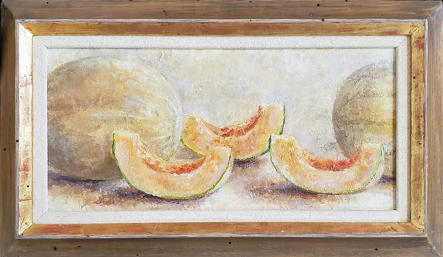 Greer. Milford - oil on board, good condition,: "Melons" by Milford Greer (1926-1972), oil on board, is in good condition and measures 7.5x15.5 and is signed "Greer" in lower left. Greer was born in Moundridge, KS 1926; died 1972 in an automobile a
