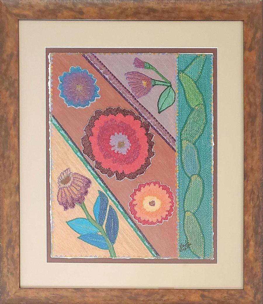 Scott, Carla - paper, color pencil, machine stitching: "Gaiety" is paper, Prismacolor pencils and machine stitching, in good condition and measuring 19x15. Carla ScottÂ’s drawings are created on Arches printmaking paper,archival and fiber-based. The dr