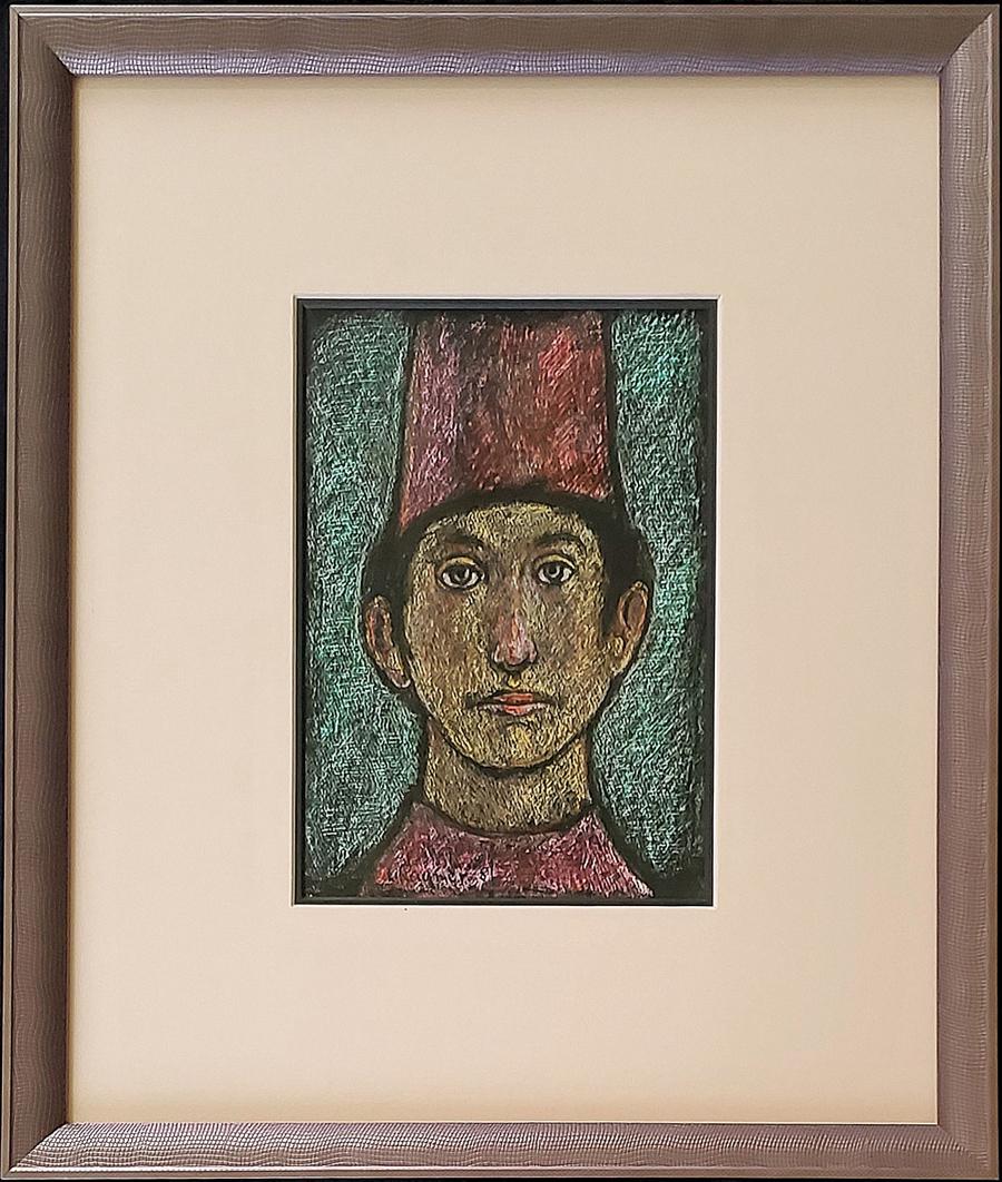 Raymer, Lester - crayon resist, good condition, 8.5x6.: Boy w/red hat, crayon resist, signed and in good condition, 8.5x6, dated 1981, is by Lester Raymer, born in Alva OK Sept 24, 1907, died in Lindsborg June 1, 1991. Painter, spec. religious images, circ