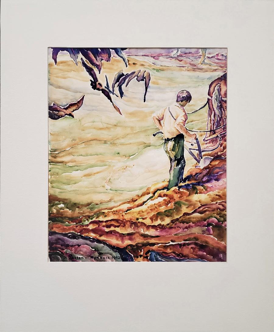 Runbeck, Dolores Gaston - watercolor, good condition,: "Following the Plow" is a watercolor, matted but unframed. The image size is 14x11.75 and mat size is 22x18. Dolores Gaston Runbeck was a painter, spec. floral still lifes, landscapes, religious and s