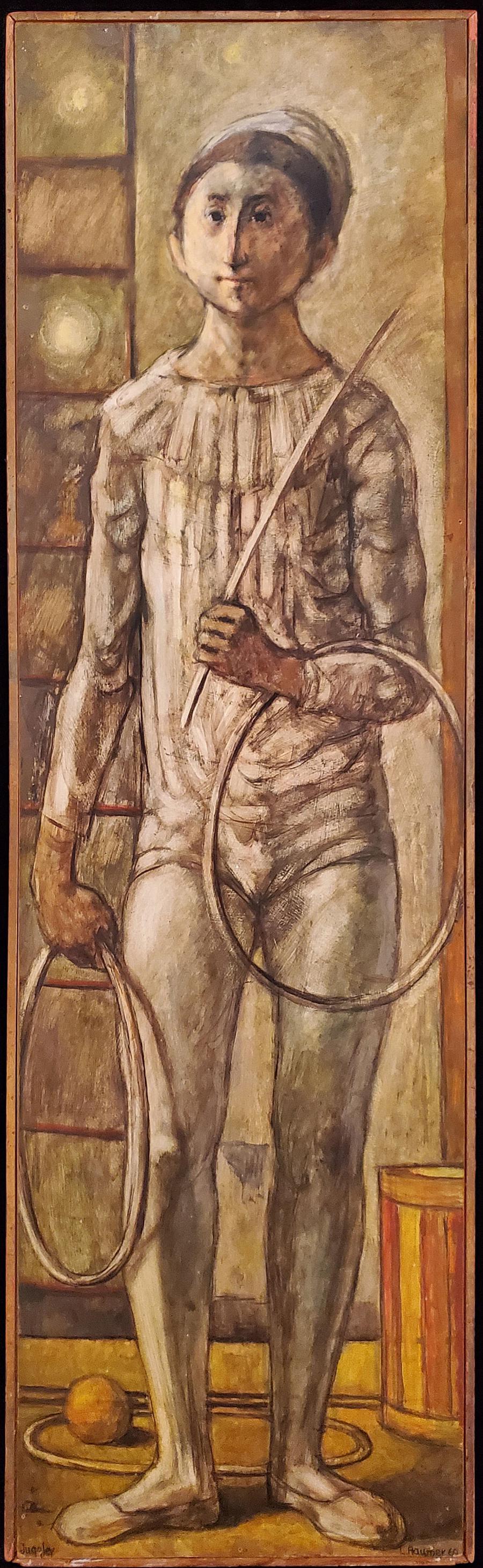 Raymer, Lester - oil on board, good condition,: "Juggler", oil on board, signed "Raymer 60" in good condition, 48.5x14.5 is by Lester Raymer, born in Alva OK Sept 24, 1907, died in Lindsborg June 1, 1991. Painter, spec. religious images, circus, ro