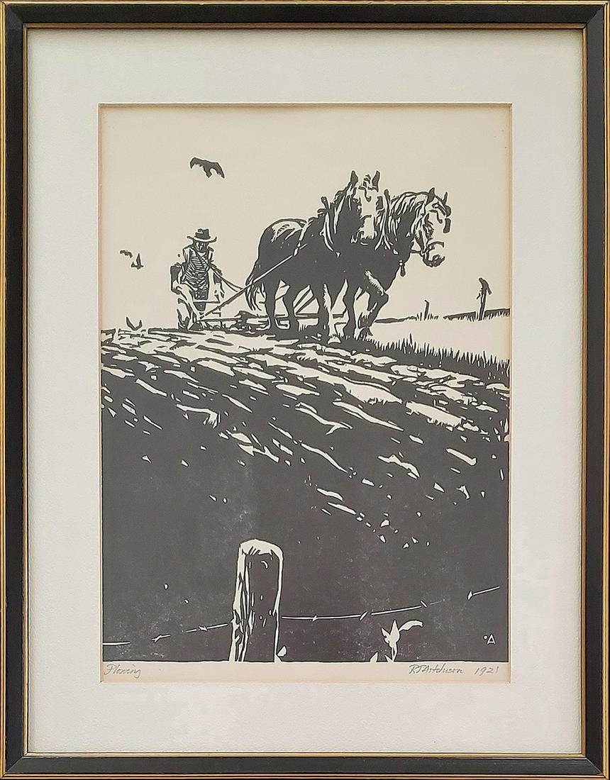 Aitchison, RT - woodcut, good condition, some of the: "Plowing" is a woodcut in good condition, some of the image appears to be matted over, pencil signed and dated lower right "RT Aitchison 1921" and measuring 10.5x7.75. Total dimensions are 14.75x11.5.