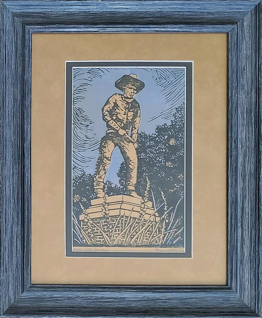 Whittemore, Margaret - color woodcut, fair condition: This original color woodcut print by (signed) Margaret Whittemore (1897-1983) titled "Dodge City Cowboy" measures s/b 10x6. in fair condition, some of image has been matted over. Total dimensions are