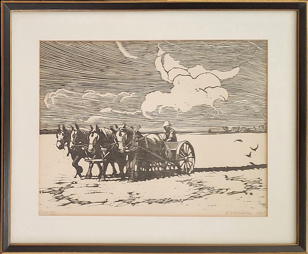 Aitchison, RT - woodcut, good condition, 12.25x14.75x1.: "Sowing," by R.T. Aitchison, is a woodcut, in good condition, pencil signed and dated lower right "RT Aitchison 1921," measuring 12.25x14.75x1 in total.
