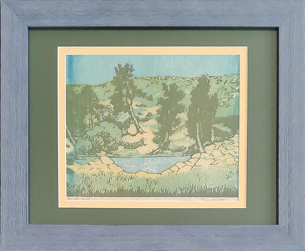 Whittemore, Margaret - color woodcut, fair condition: This original color woodcut print by (signed) Margaret Whittemore (1897-1983) titled "St Jacob's Well" measures s/b 8.5x10. in fair condition, some of image has been matted over. Total dimensions are