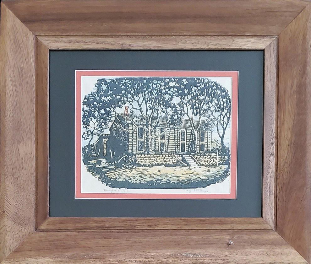 Whittemore, Margaret - color woodcut, appears to be in: This original color woodcut print by (signed) Margaret Whittemore (1897-1983) titled "Kickapoo Mission" measures 7x9.5, appears to be in good condition, some of image has been matted over. Total dimen