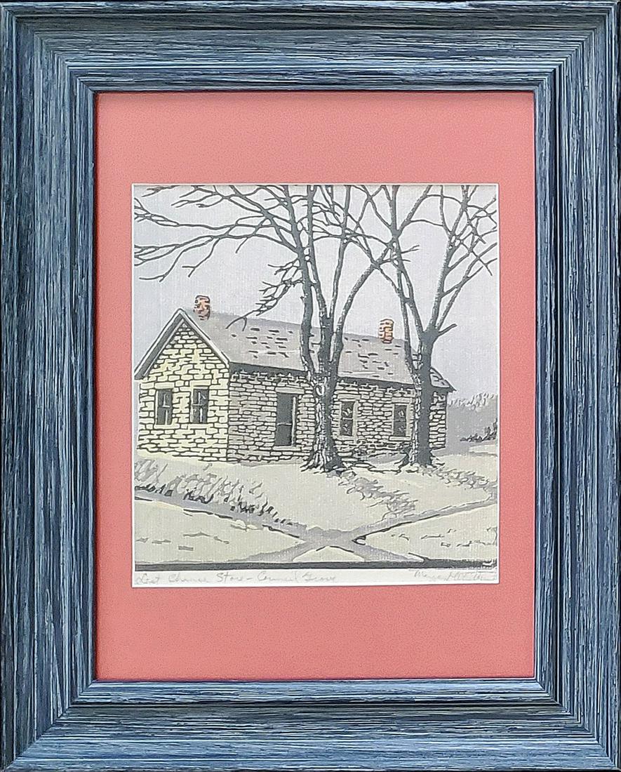 Whittemore, Margaret - color woodcut, good condition: This original color woodcut print by (signed) Margaret Whittemore (1897-1983) titled "Last Chance Store-Council Grove" measures 7.5x7, is in good condition, some of the image is matted over. Total dim