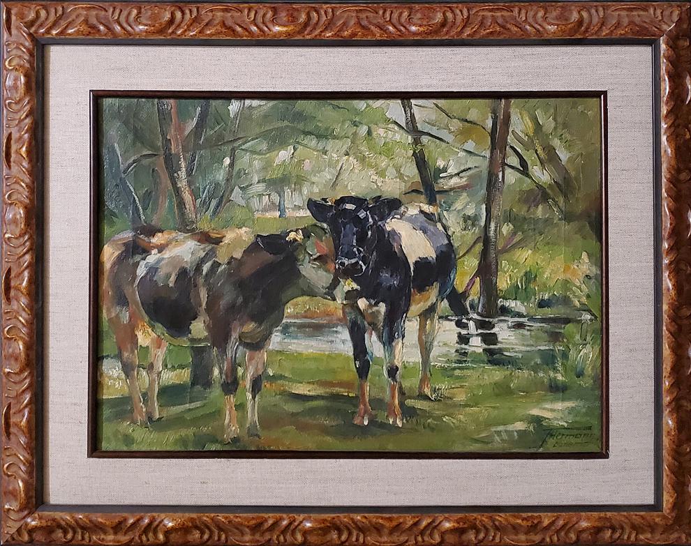 Hermann, T - acrylic on canvas, good condition,: Image of cattle is acrylic on canvas, in good condition, signed "T Hermann" lower right, measuring 14x19.5. Total dimensions are 21.5x27.1.75.