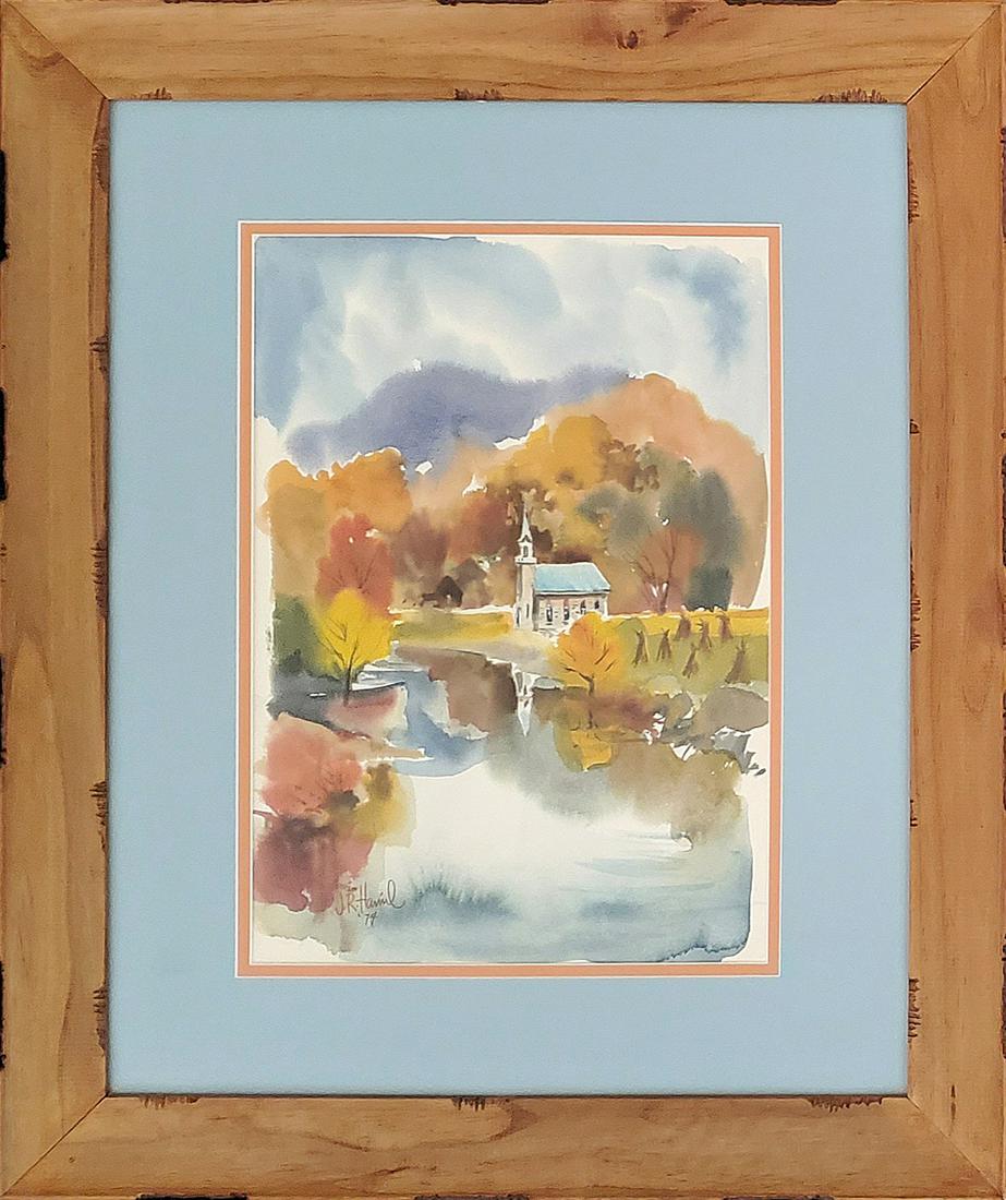 Hamil, J.R. - watercolor, good condition, 14.25x10: Church by pond is a watercolor, signed "J.R. Hamil '74" lower left, in good condition, measuring 14.25x10. Total dimensions are 23.5.19.5x1.5. A native of Hastings, Nebraska, James Hamil was a long-ti