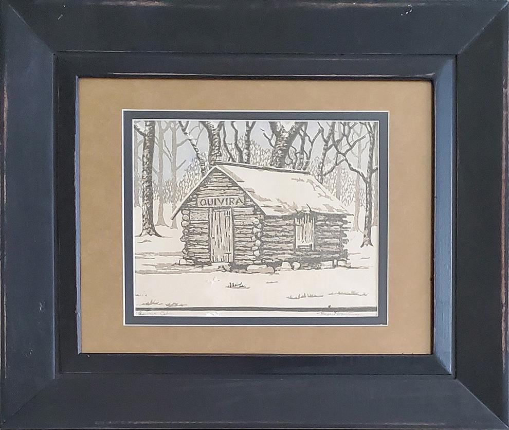 Whittemore, Margaret - color woodcut, fair condition,: This original color woodcut print by (signed) Margaret Whittemore (1897-1983) titled "Quivera Cabin" measures 7.5x9.5, is in fair condition, a small tear in lower center under cabin door and in lower
