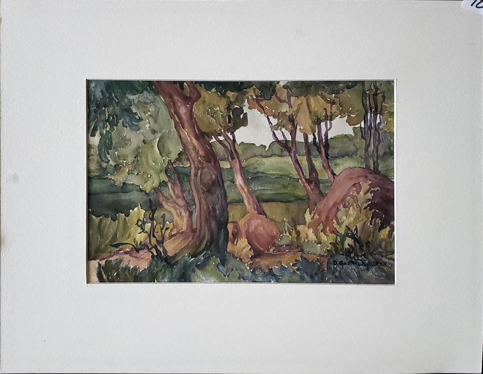 Runbeck, Dolores - watercolor, good condition,: Woods and rocks, unframed watercolor, is in good condition, signed "D Gaston Runbeck" lower right , measuring 7.5x11.5. Total dimensions are 14x18. (1898-1994) Dolores Gaston Runbeck was a painter, sp