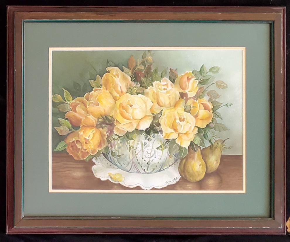 Eitel, Ann - watercolor, good condition, 11x15: Yellow roses, a watercolor signed "Ann Eitel" in lower center, is in good condition, and measures 11x15, total dimensions are 18.75x22.5x1.75.