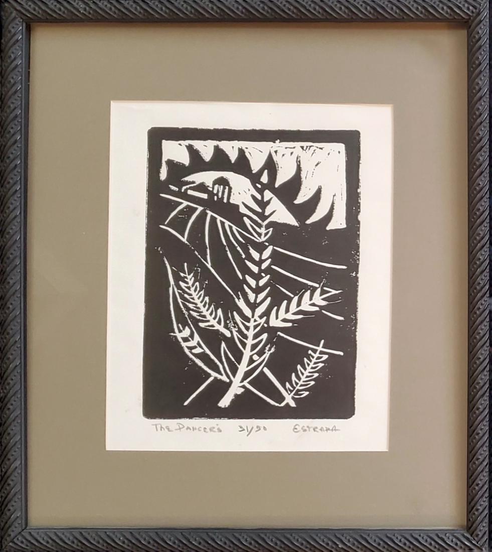Estrada, Sal - lino-cut, good condition, 7x5.: "The Dancers" 31/50, by Sal Estrada, is a lino-cut, in good condition, signed "Estrada," measuring 7x5. Total dimensions are 13x11.25x1.25.